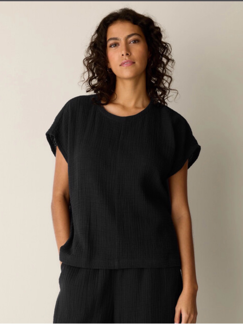 Eileen Fisher Black Organic Cotton Bateau Neck Top $148 Retail